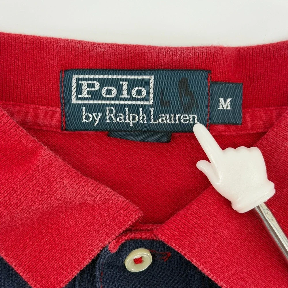 Polo Ralph Lauren Polo Shirt Mens M Red Navy Blue Striped Short Sleeve Pique